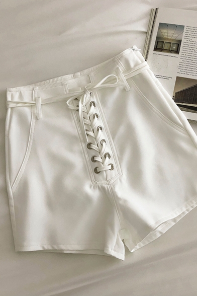 

Sexy Womens Solid Color Lace Up Tie Zipper Side High Waist Regular Fit Shorts, Black;white, LM645979