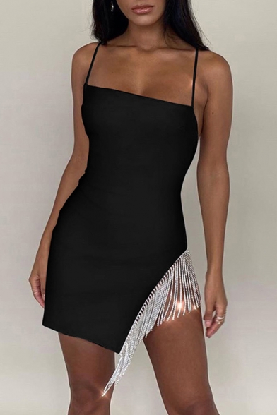 Sexy Womens Solid Color Spaghetti Straps Rhinestone Tassle Asymmetric Hem Mini Fitted Cami Dress