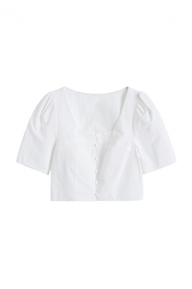 Simple Girls Solid Color Button Down Square Neck Short Puff Sleeve Relaxed Fit Crop Blouse Top