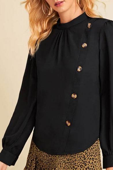 Simple Womens Solid Color Button up Long Sleeve Crew Neck Ruched Regular Fit Blouse Top in Black