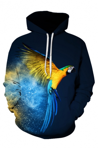 Stylish 3D Parrot Pattern Pocket Drawstring Long Sleeve Regular Fit Hooded Sweatshirt for Men