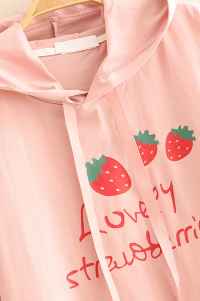 Stylish Letter Lovely Strawberries Cartoon Strawberry Graphic Short Sleeve Drawstring Hooded Relaxed Fit T Shirt