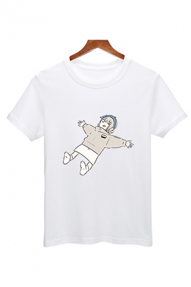 Summer Boys Cartoon Figure Print Short Sleeve Crew Neck Loose T Shirt in White