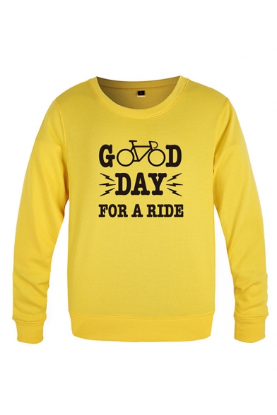 Trendy Guys Letter Good Day for A Ride Bike Graphic Long Sleeve Round Neck Loose Pullover Sweatshirt