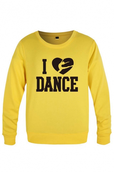 Basic Character Heart Letter I Love Dance Printed Pullover Long Sleeve Round Neck Regular Fitted Graphic Sweatshirt for Men