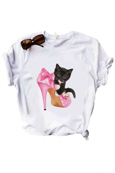 Basic Womens Cartoon Eyes Graphic Rolled Short Sleeve Crew Neck Slim Fitted Tee Top in White