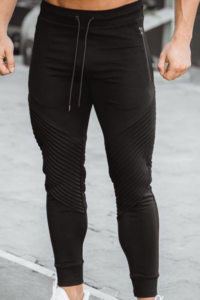 Black Basic Mens Plain Pleated Zipper Pockets Cuffed Drawstring 7/8 Length Skinny Fit Track Pants