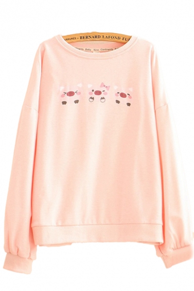 Casual Pig Print Long Sleeve Round Neck Loose Fit Pullover Sweatshirt for Women