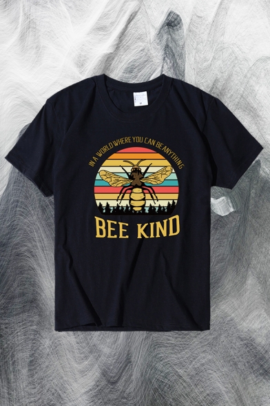 Casual Womens Colorful Stripe Bee Letter Bee Kind Graphic Short Sleeve Crew Neck Regular Fit Tee Top