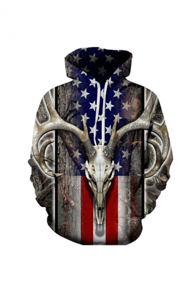 Chic 3D Goat USA Flag Pattern Pocket Drawstring Long Sleeve Fitted Hooded Sweatshirt for Men