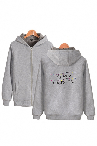 Chic Sherpa Lined Letter Merry Christmas Print Zip up Relaxed Fit Hoodie for Men