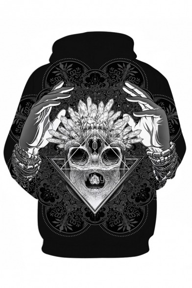 Cool Mens 3D Hand Skull Crystal Pattern Pocket Drawstring Long Sleeve Regular Fitted Hooded Sweatshirt