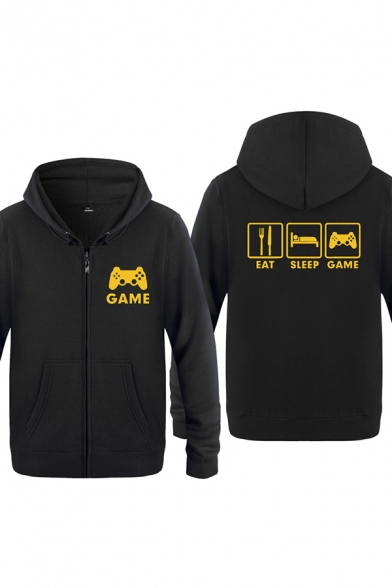 Cool Mens Fork Bed Games Console Letter Eat Sleep Game Printed Zipper up Pocket Drawstring Long Sleeve Regular Fitted Graphic Hoodie