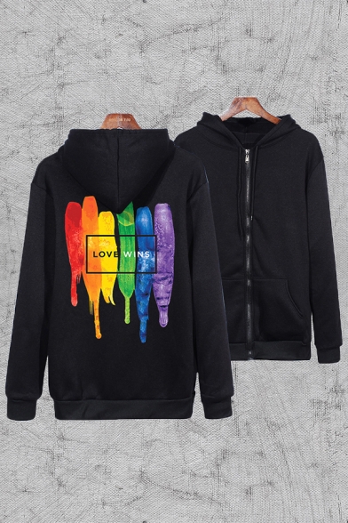 Cool Mens Letter Love Wins Colorful Stripe Graphic Long Sleeve Zipper Front Relaxed Fit Hoodie