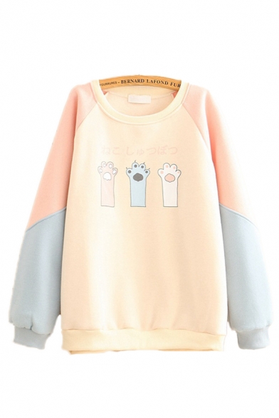 Fashion Girls Sherpa Liner Japanese Letter Paw Graphic Contrasted Panel Long Sleeve Round Neck Loose Fit Pullover Sweatshirt