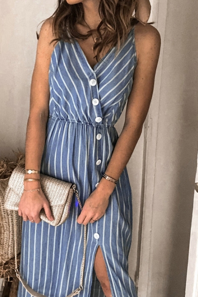 Fashion Womens Stripe Print Spaghetti Straps Oblique Button Down Slit Midi A-line Cami Dress in Blue