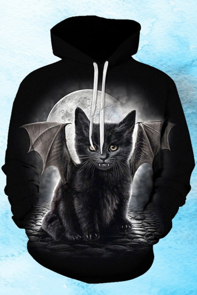 Fashionable Cat 3D Pattern Drawstring Pocket Long Sleeve Loose Fit Hooded Sweatshirt for Men