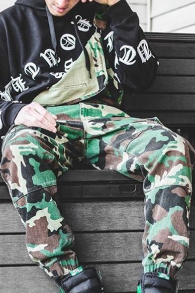 Fashionable Mens Overalls Camo Printed Flap Pocket Cuffed Ankle Length Regular Fitted Overalls