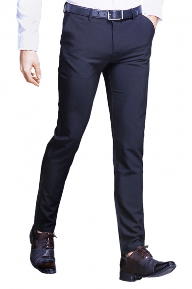 Leisure Pants Plain Zip-fly Button Detail Pocket Full Length Straight Fit Dress Pants for Men
