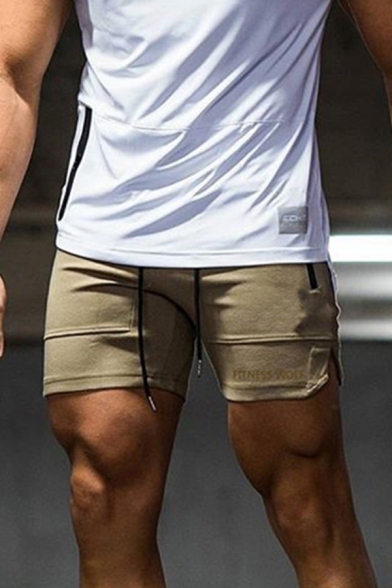 Mens Stylish Letter Fitness Wolf Printed Zipper Drawstring Side Slits Mid Thigh Slim Sweat Shorts