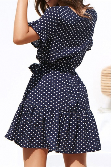 Gorgeous Womens Polka Dot Printed Bell Sleeves V-neck Button down Bow Tied Waist Ruffled Hem Short A-line Dress