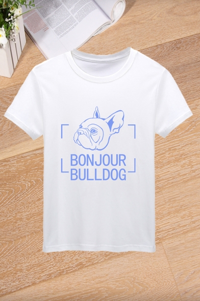 Popular Mens Letter Bonjour Bulldog Cartoon Dog Graphic Short Sleeve Crew Neck Relaxed T Shirt