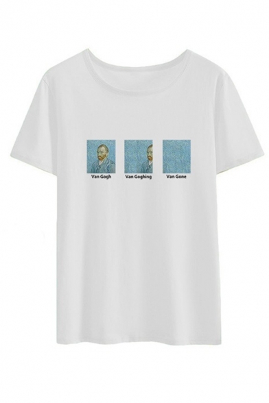 Popular Mens Letter Van Gogh Graphic Rolled Short Sleeve Crew Neck Regular Fit T Shirt