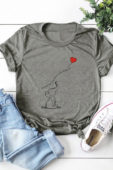 Pretty Womens Letter Elephant Heart Graphic Rolled Short Sleeve Crew Neck Slim Fit T Shirt