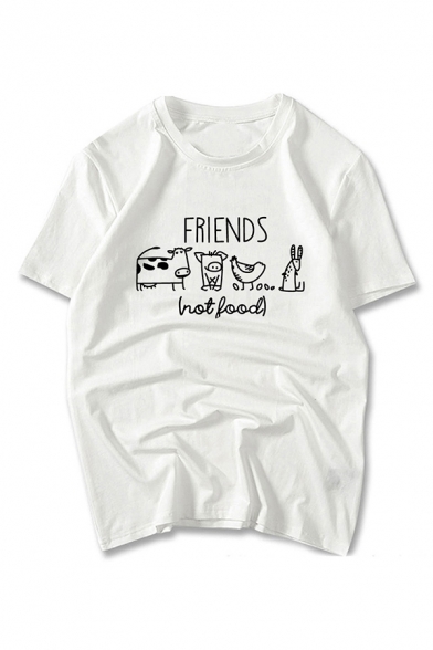 Simple Letter Friends Cartoon Graphic Short Sleeve Crew Neck Loose T Shirt for Men