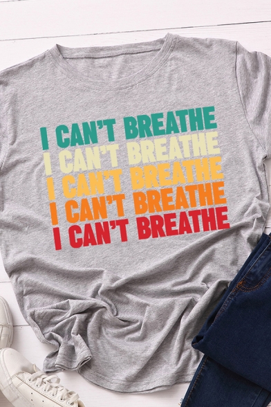 Street I Can't Breathe Letter Print Roll up Sleeve Crew Neck Slim Fit T Shirt for Women