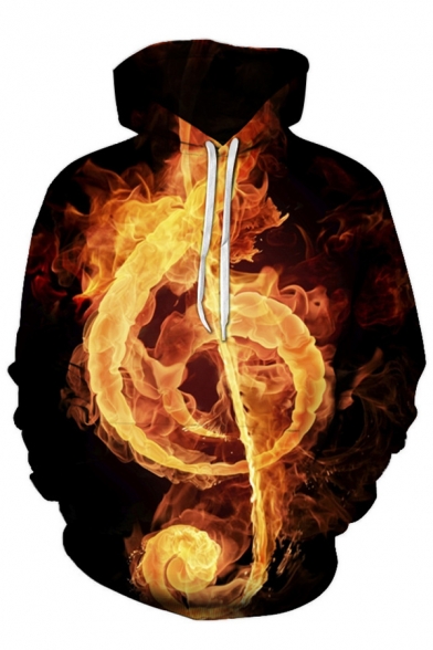 Stylish 3D Fire Note Pattern Pocket Drawstring Long Sleeve Regular Fit Hooded Sweatshirt for Men
