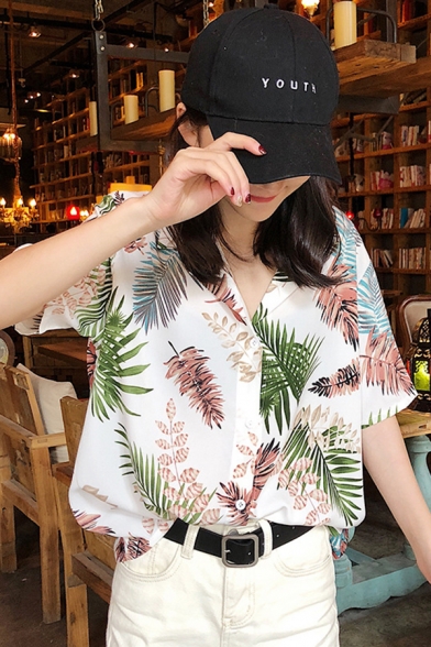 Stylish Leaf All-over Pattern Short Sleeve Notched Collar Button-down Relaxed Shirt