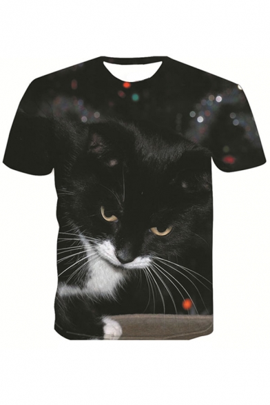 Stylish Mens 3D Cat Wolf Pattern Short Sleeve Round Neck Regular Fitted T-Shirt