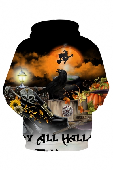 Stylish Mens 3D Halloween Pumpkin Skull Letter Happy Halloween Printed Pocket Drawstring Long Sleeve Fitted Graphic Hooded Sweatshirt