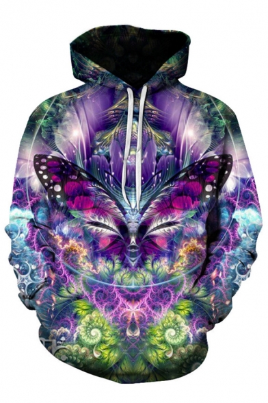 Trendy 3D Butterfly Floral Pattern Pocket Drawstring Long Sleeve Regular Fitted Hooded Sweatshirt for Men