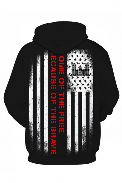 Trendy Men's Flag Letter Because of the Brave Print Pocket Drawstring Long Sleeve Loose Fitted Graphic Hoodie