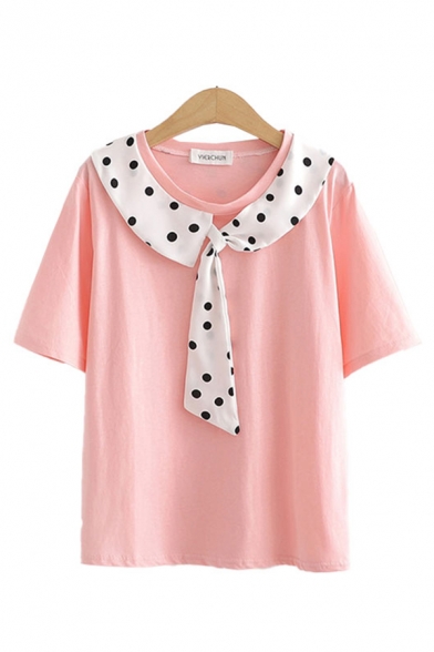 Trendy Womens Polka Dot Print Tied Front Short Sleeve Round Neck Loose Tee Top