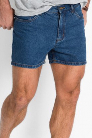 Unique Shorts Medium Wash Pocket Zipper Mid Rise Slim Fitted Jean Shorts for Men