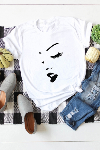 Basic Girls Cartoon Face Print Rolled Short Sleeve Crew Neck Slim Fitted T Shirt