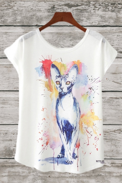 Chic Letter Cat Cartoon Graphic Short Sleeve Round Neck Loose Tee Top in White