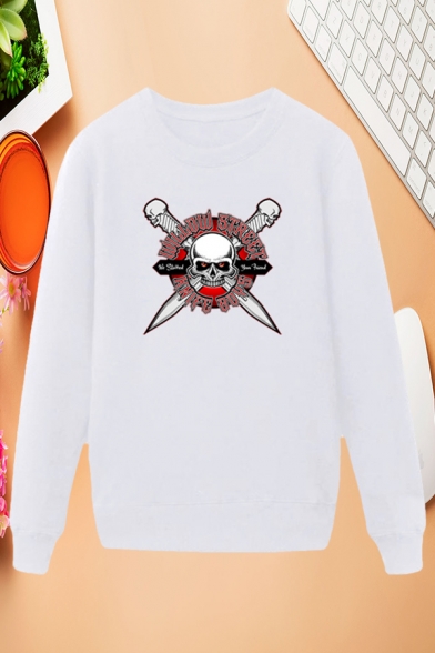 Chic Mens Skull Sword Letter Printed Pullover Long Sleeve Round Neck Regular Fit Graphic Sweatshirt
