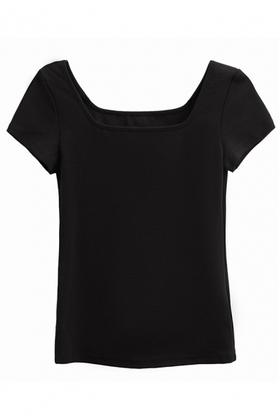 Chic Womens Solid Color Short Sleeve Square Neck Fit Tee