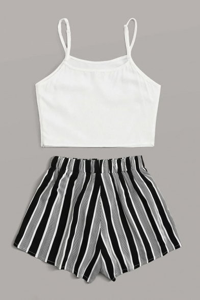 Chic Womens Spaghetti Straps Fit Crop Cami & Striped Bow Tied Waist Relaxed Shorts Set in White