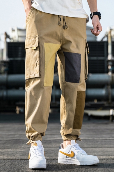 Cool Men's Pants Color Block Drawstring Patchwork Cuffed Full Length Tapered Fit Cargo Pants with Flap Pockets