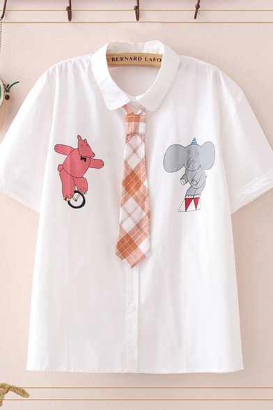 Cool Womens Cartoon Elephant Bear Print Plaids Tie Front Button-up Turn-down Collar Short Sleeve Regular Fit Shirt