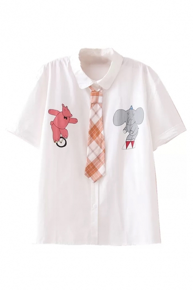 Cool Womens Cartoon Elephant Bear Print Plaids Tie Front Button-up Turn-down Collar Short Sleeve Regular Fit Shirt