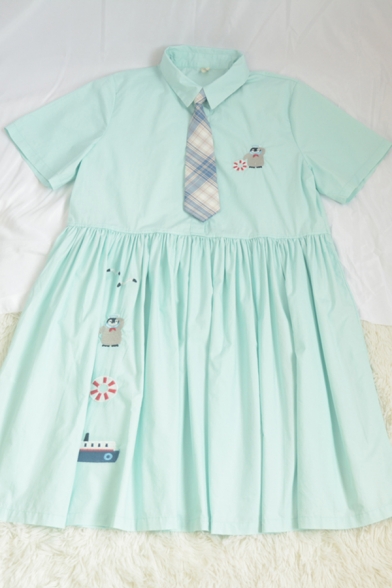 Cute Summer Girls Ship Penguin Embroidery Print Striped Tie Pleated Polo Collar Short Sleeve Midi Smock Dress