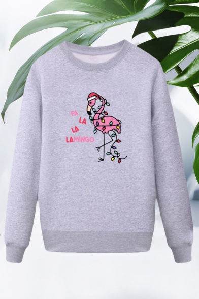 Fancy Mens Flamingo Pattern Letter Falala Lamingo Printed Pullover Long Sleeve Round Neck Regular Fit Graphic Sweatshirt
