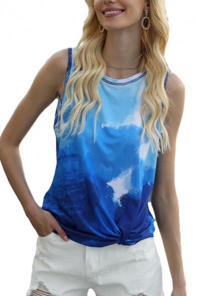 Fashion Womens Tie Dye Print Sleeveless Crew Neck Twist Detail Loose Tank Top in Blue