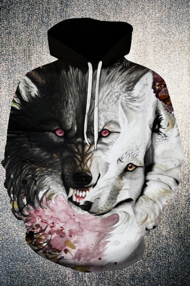 Fashionable Mens Wolf 3D Printed Pocket Drawstring Full Sleeve Loose Fit Hooded Sweatshirt